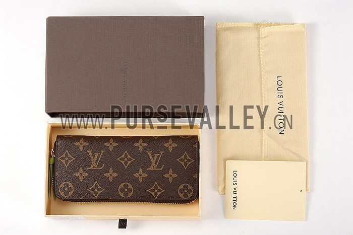Louis Vuitton Monogram Canvas Zippy Wallet With Green Leather Zipper Pull 608254
