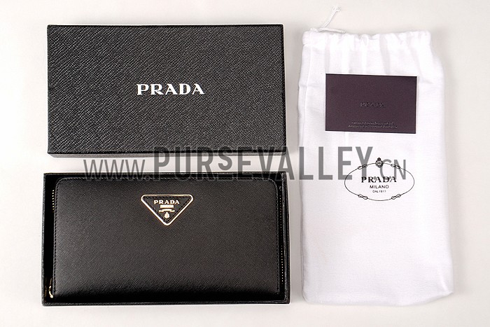 Prada Vernice Saffiano Leather Zip Around Black Wallet