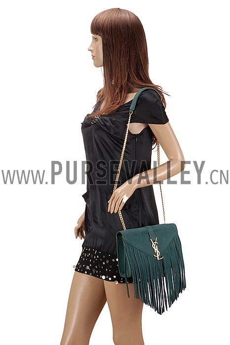 Saint Laurent Medium Fringed Suede Leather Satchel Green