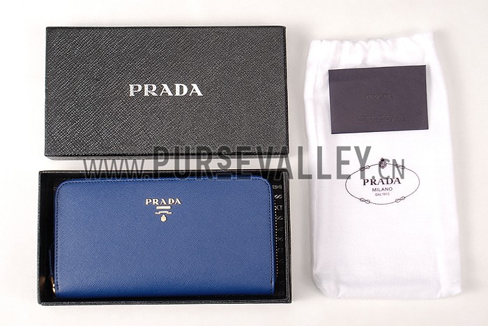 Prada Saffiano Leather Zip Around Dark Blue Wallet