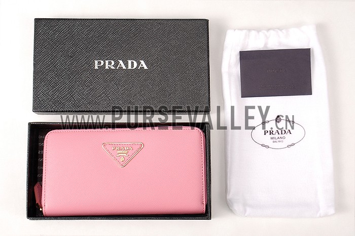Prada Saffiano Leather Zip Around Small Pink Wallet