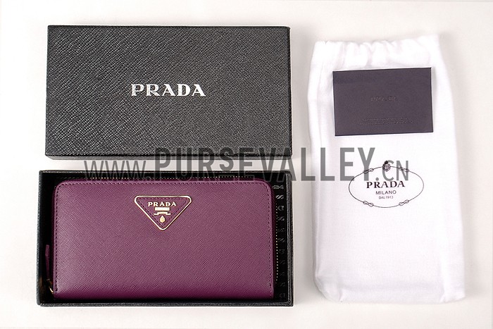 Prada Saffiano Leather Zip Around Small Purple Wallet