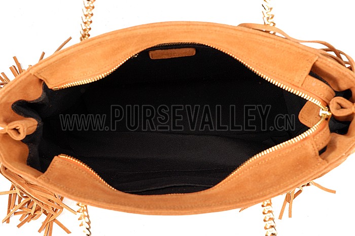 Saint Laurent Monogram Fringe Suede Chain Strap Tote Tan