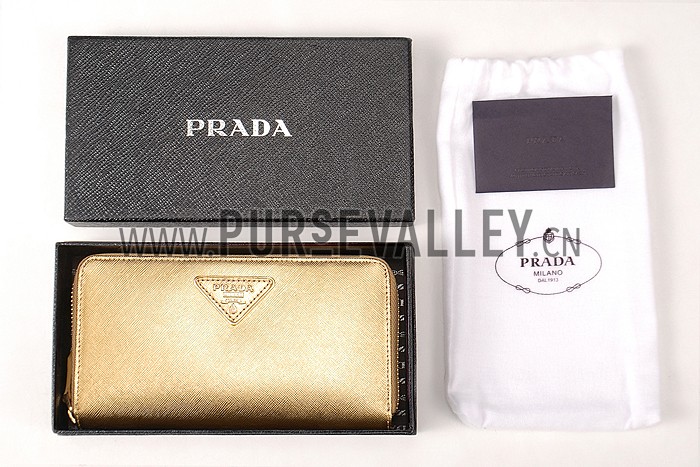 Prada Saffiano Leather Zip Around Small Gold Wallet