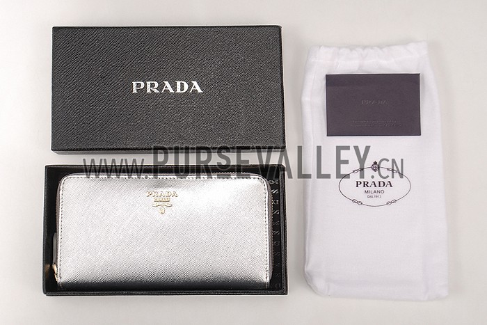 Prada Saffiano Leather Zip Around Silver Wallet