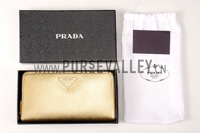 Prada Vernice Saffiano Leather Zip Around Gold Wallet