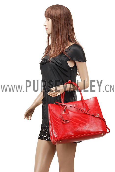 Prada Double Tote Crocodile Leather Bag Red