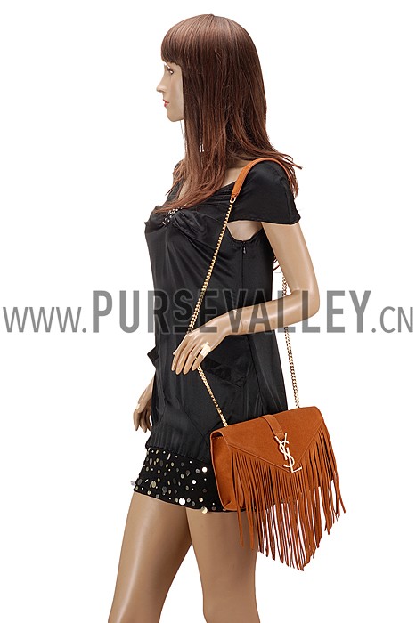 Saint Laurent Medium Fringed Suede Leather Satchel Tan