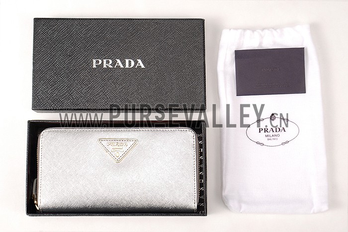 Prada Saffiano Leather Zip Around Small Silver Wallet