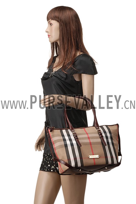 Burberry Medium Bridle House Check Tote Bag Dark Brown 607783