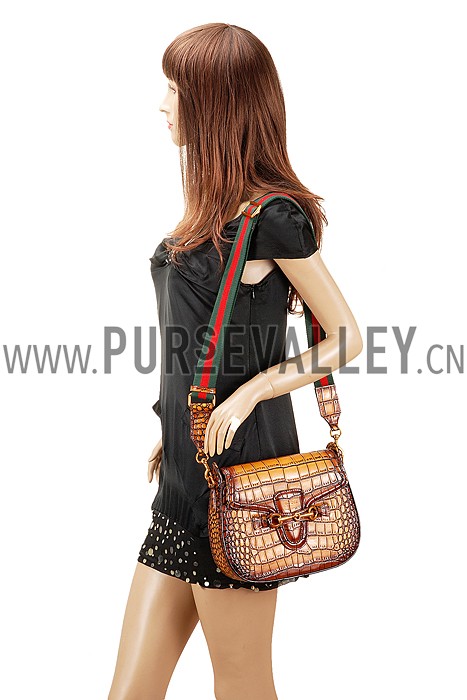 Gucci Lady Web Medium Shoulder Bag Crocodile Leather Brown