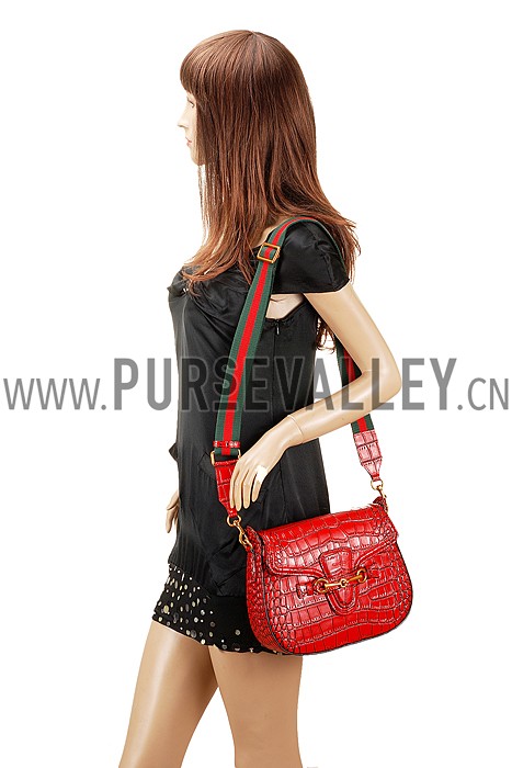 Gucci Lady Web Medium Shoulder Bag Crocodile Leather Red
