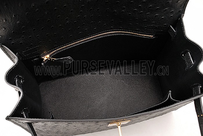 Hermes Kelly 32 Black Ostrich Leather 607478