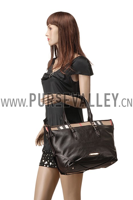 Burberry Small Leather and House Check Tote Bag Black 607825