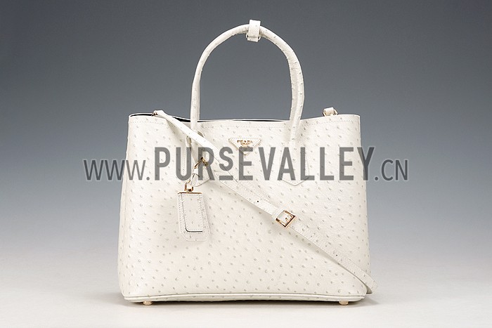 Prada Double Tote Ostrich Leather Bag White