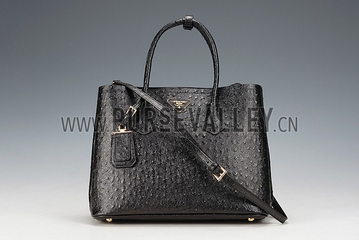Prada Double Tote Ostrich Leather Bag Black