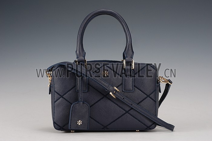 Tory Burch Robinson Stitched Square Tote Dark Blue
