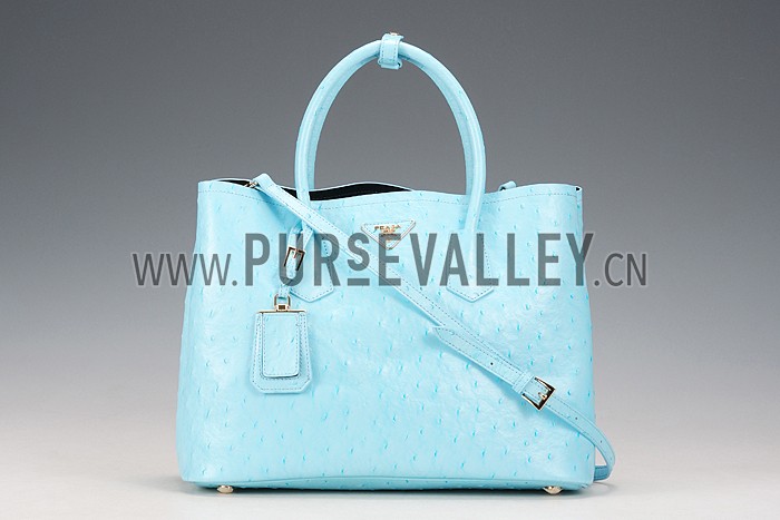 Prada Double Tote Ostrich Leather Bag Light Blue