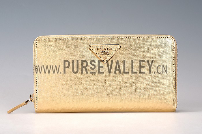 Prada Vernice Saffiano Leather Zip Around Gold Wallet