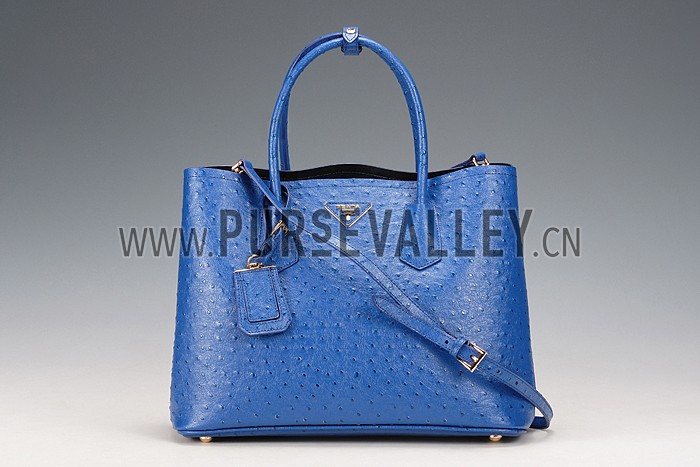 Prada Double Tote Ostrich Leather Bag Blue