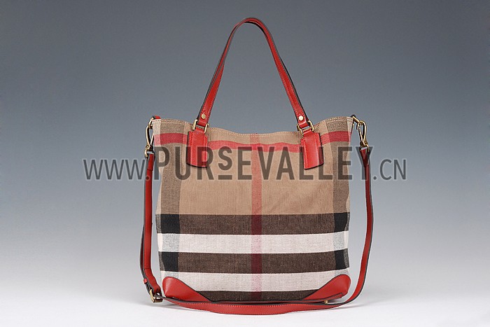 Burberry Large Canvas Check Tote Bag Red 607812
