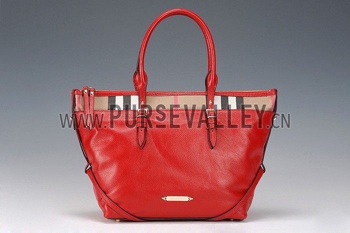 Burberry Small Leather and House Check Tote Bag Red 607824
