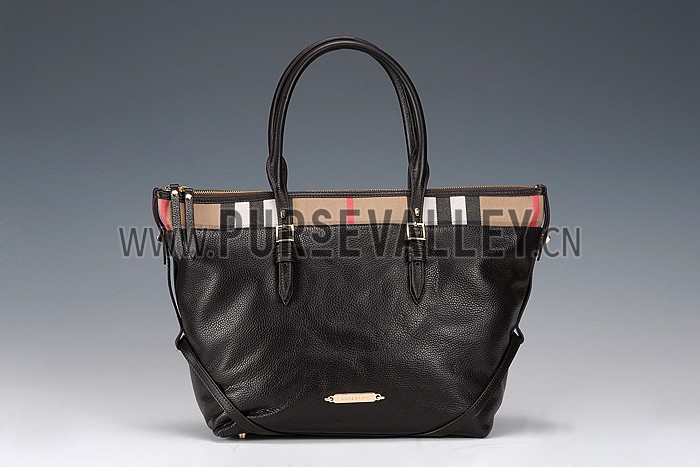 Burberry Small Leather and House Check Tote Bag Black 607825
