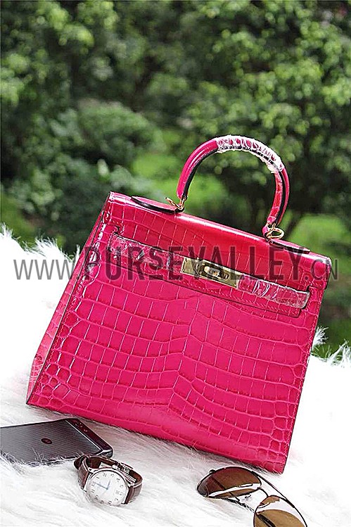 Hermes Kelly 28 Crocodile Leather Rose Tyrien 608148
