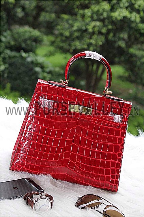 Hermes Kelly 28 Crocodile Leather Red 608151