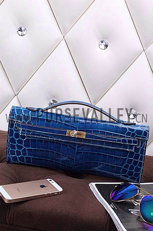 Hermes Kelly Longue Clutch Crocodile Leather Blue Electric 608167