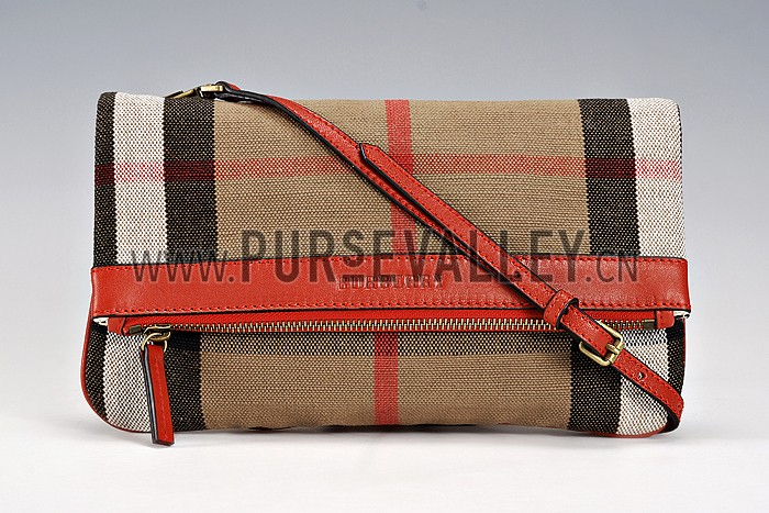 Burberry Canvas Check Foldover Crossbody Bag Cadmium Red 608276