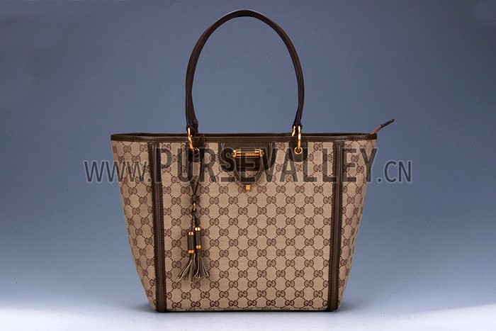 Gucci Large Logo Printed Canvas Brown Leather Trim Shopper Tote