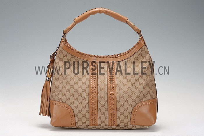 Gucci Medium Woven Tassels Tan Leather Trim Guccissima Hobo 607327