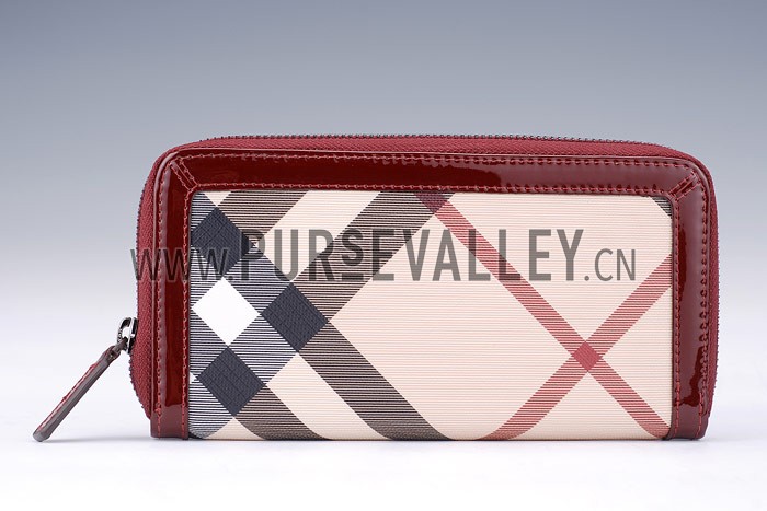 Burberry Nova Check Zip Around Large Wallet Burgundy Trim