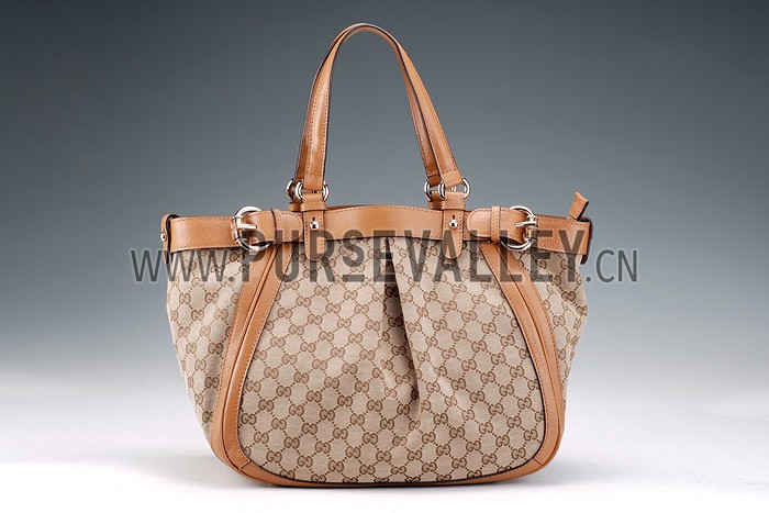 Gucci Belted Large Top Handle Bag Canvas Fabric Tan 7773