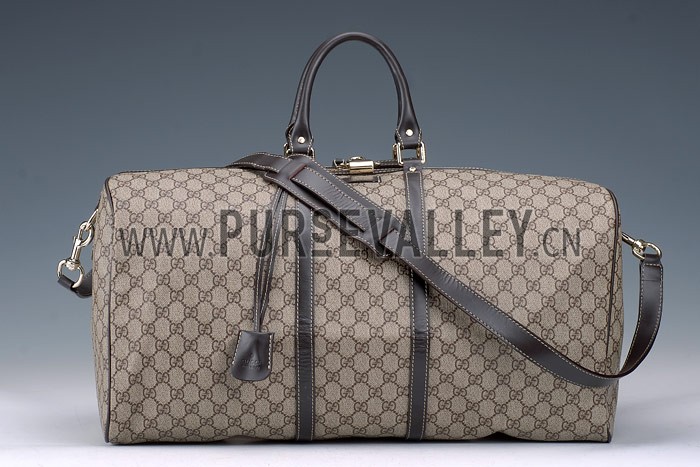Gucci Large Carry on Duffel Grey Canvas Brown Trim with Strap