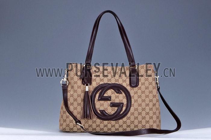 Gucci Soho Dark Brown Trim Logo Printed Canvas Working Tote