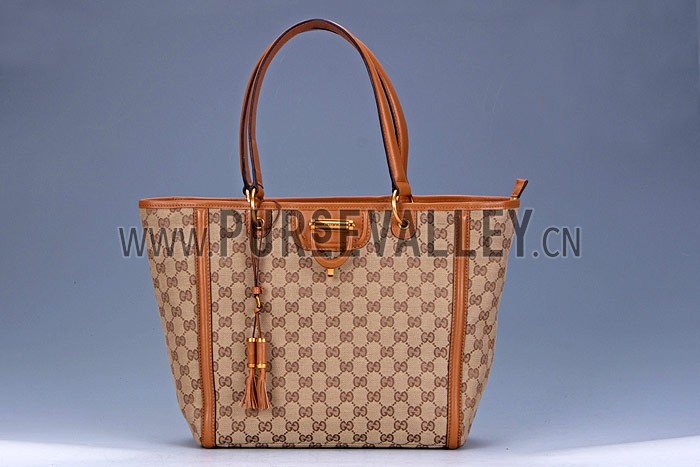 Gucci Large Logo Printed Canvas Tan Leather Trim Shopper Tote