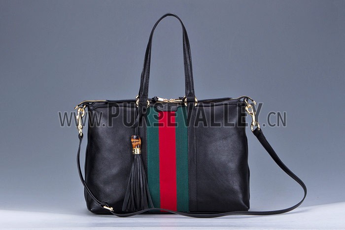 Gucci Rania Web Black Leather Top Handle Tote