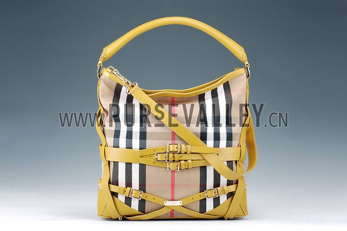 Burberry Large Bridle House Check Belted Hobo Bag Yellow