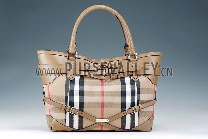 Burberry Medium Bridle House Check Belted Tote Khaki
