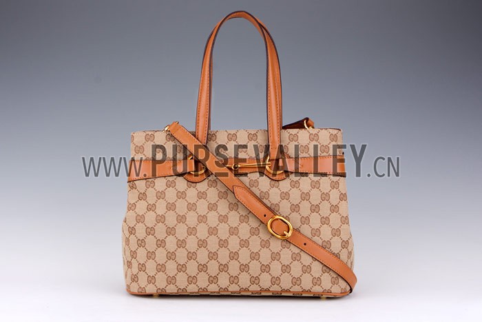 Gucci Bright Bit GG Canvas Cognac Leather Trim Top Handle Tote