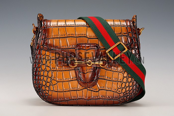 Gucci Lady Web Medium Shoulder Bag Crocodile Leather Brown