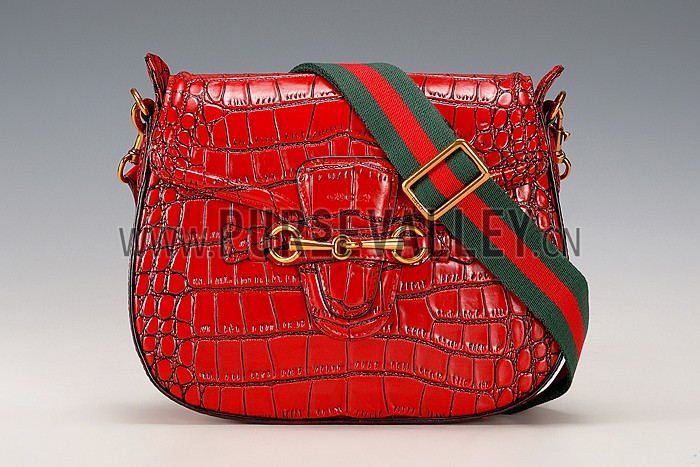 Gucci Lady Web Medium Shoulder Bag Crocodile Leather Red