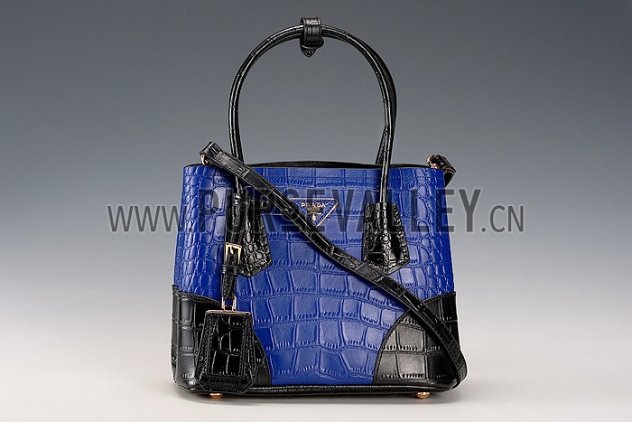 Prada Saffiano Crocodile Leather Black And Blue Small Bag