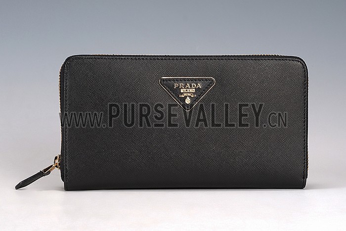 Prada Vernice Saffiano Leather Zip Around Black Wallet