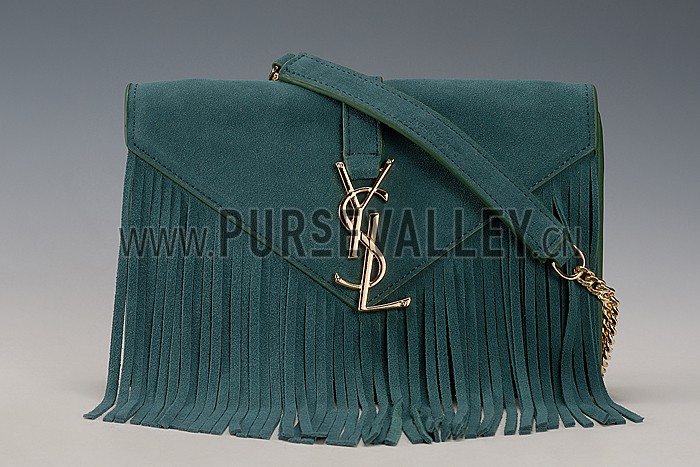 Saint Laurent Medium Fringed Suede Leather Satchel Green