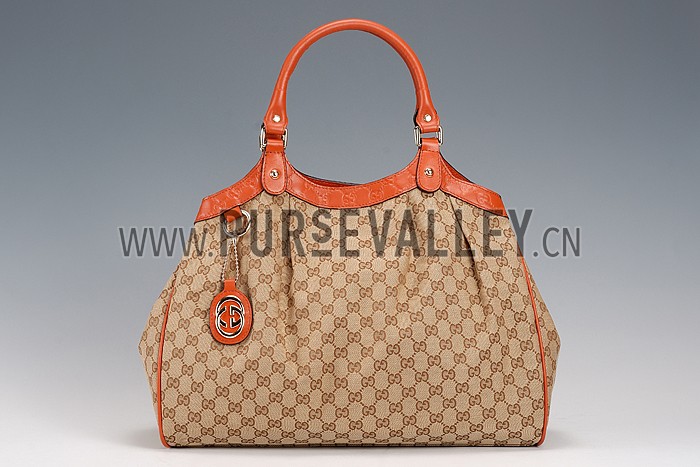 Gucci Sukey Large Tote Orange Trim Beige Fabric