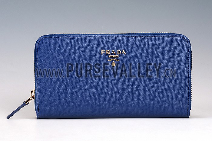 Prada Saffiano Leather Zip Around Dark Blue Wallet