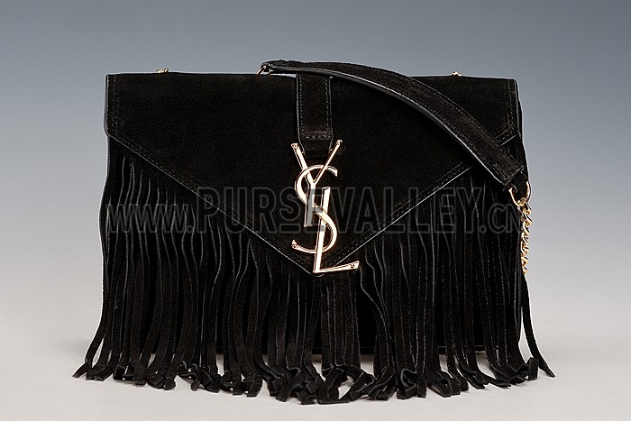 Saint Laurent Medium Fringed Suede Leather Satchel Black